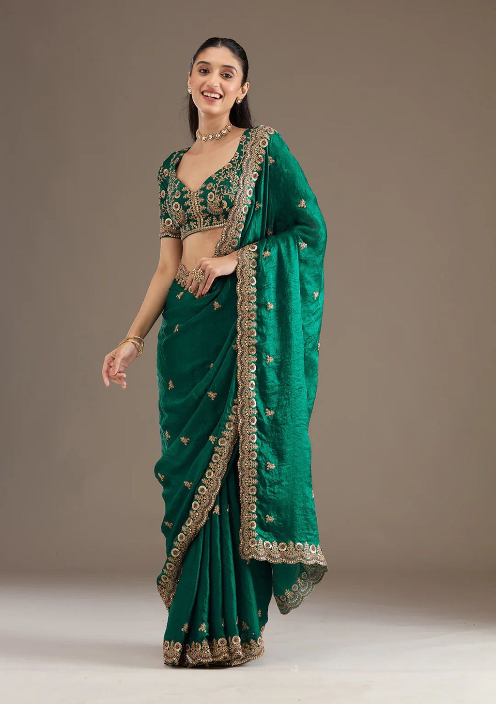 Evanik Green Fendy Satin Silk With Sequence Work Saree With Unstitched Blouse | Grocsy