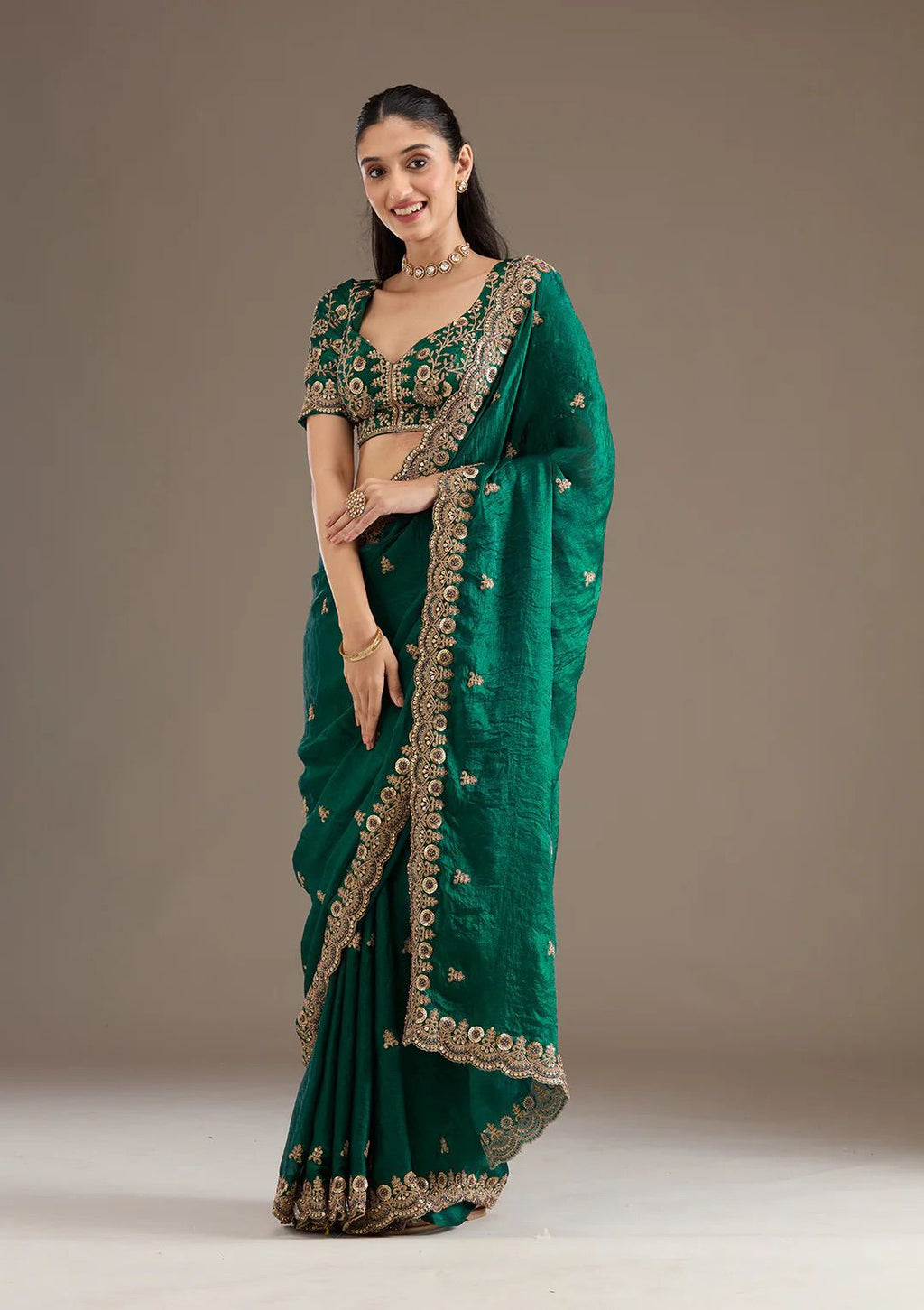 Evanik Green Fendy Satin Silk With Sequence Work Saree With Unstitched Blouse | Grocsy