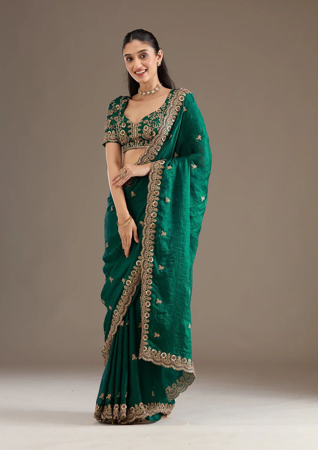 Evanik Green Fendy Satin Silk With Sequence Work Saree With Unstitched Blouse | Grocsy
