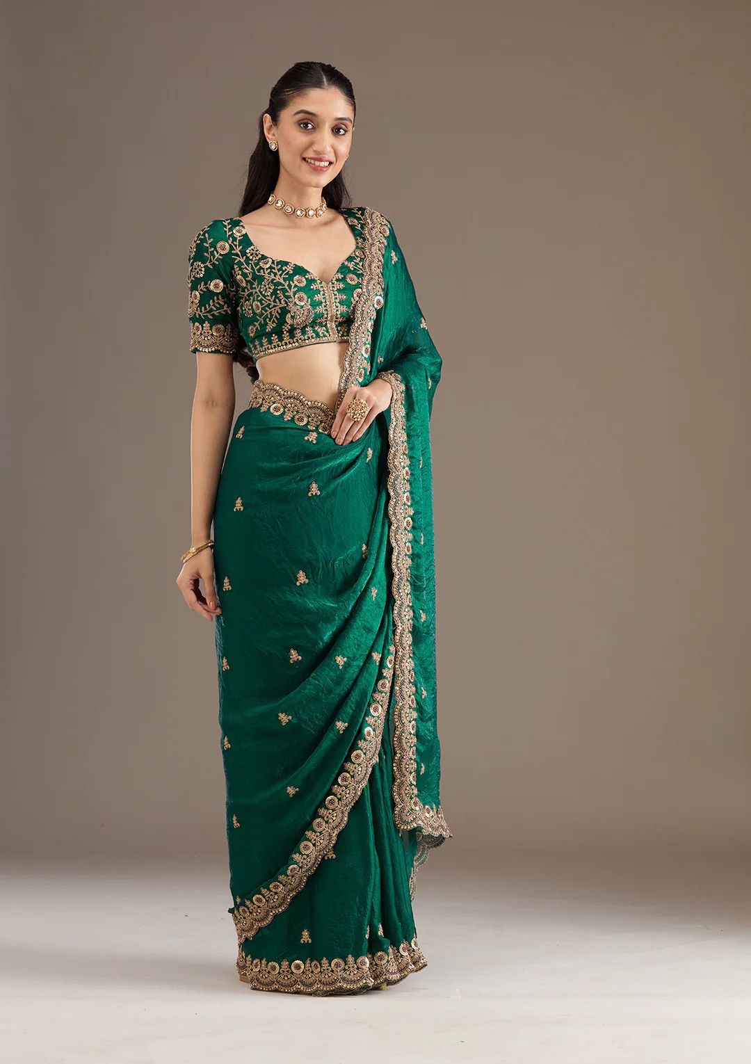 Evanik Green Fendy Satin Silk With Sequence Work Saree With Unstitched Blouse | Grocsy