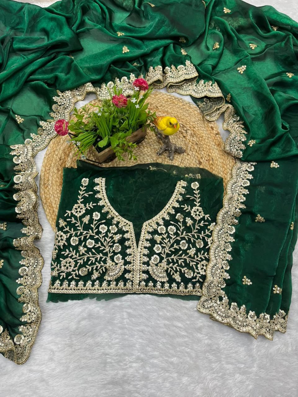 Evanik Green Fendy Satin Silk With Sequence Work Saree With Unstitched Blouse | Grocsy