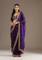 Evanik Purple Fendy Satin Silk With Sequence Work Saree With Unstitched Blouse | Grocsy
