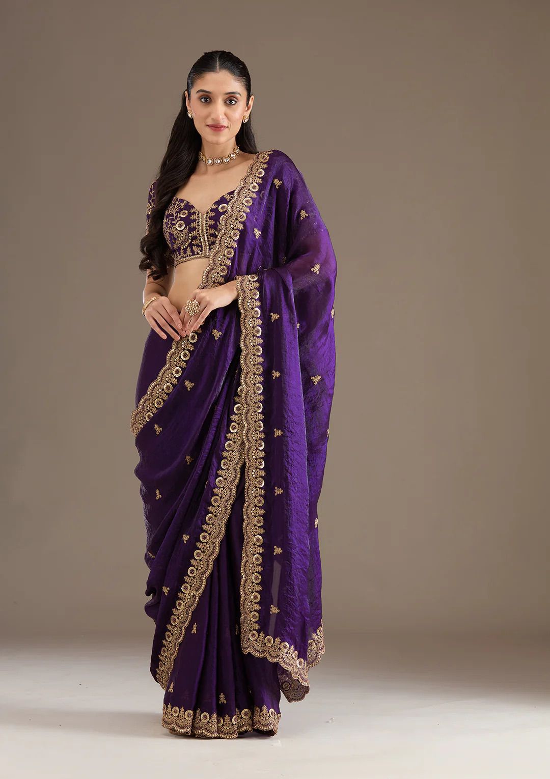 Evanik Purple Fendy Satin Silk With Sequence Work Saree With Unstitched Blouse | Grocsy