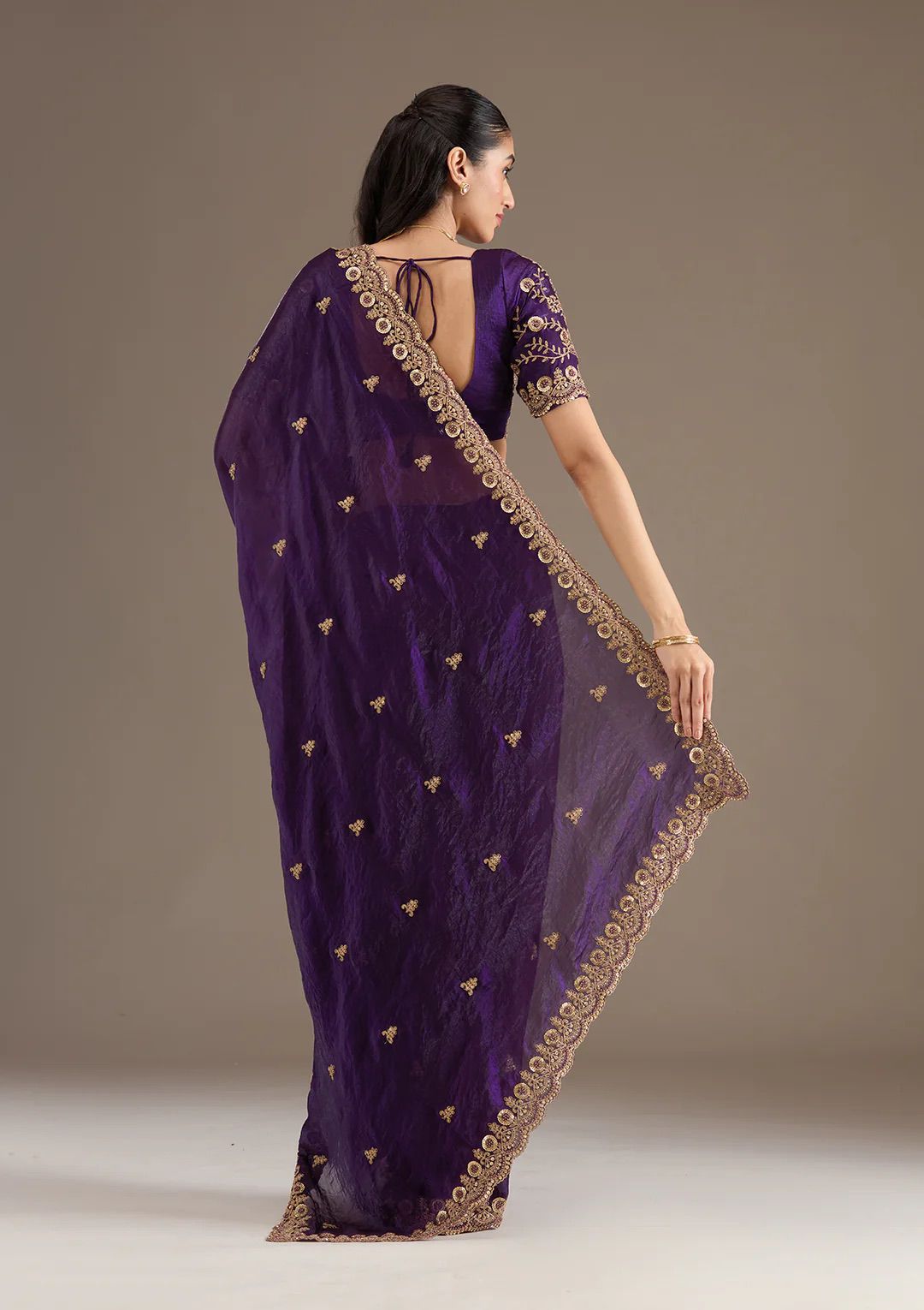 Evanik Purple Fendy Satin Silk With Sequence Work Saree With Unstitched Blouse | Grocsy