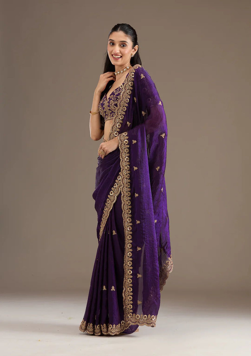 Evanik Purple Fendy Satin Silk With Sequence Work Saree With Unstitched Blouse | Grocsy