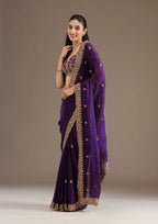 Evanik Purple Fendy Satin Silk With Sequence Work Saree With Unstitched Blouse | Grocsy