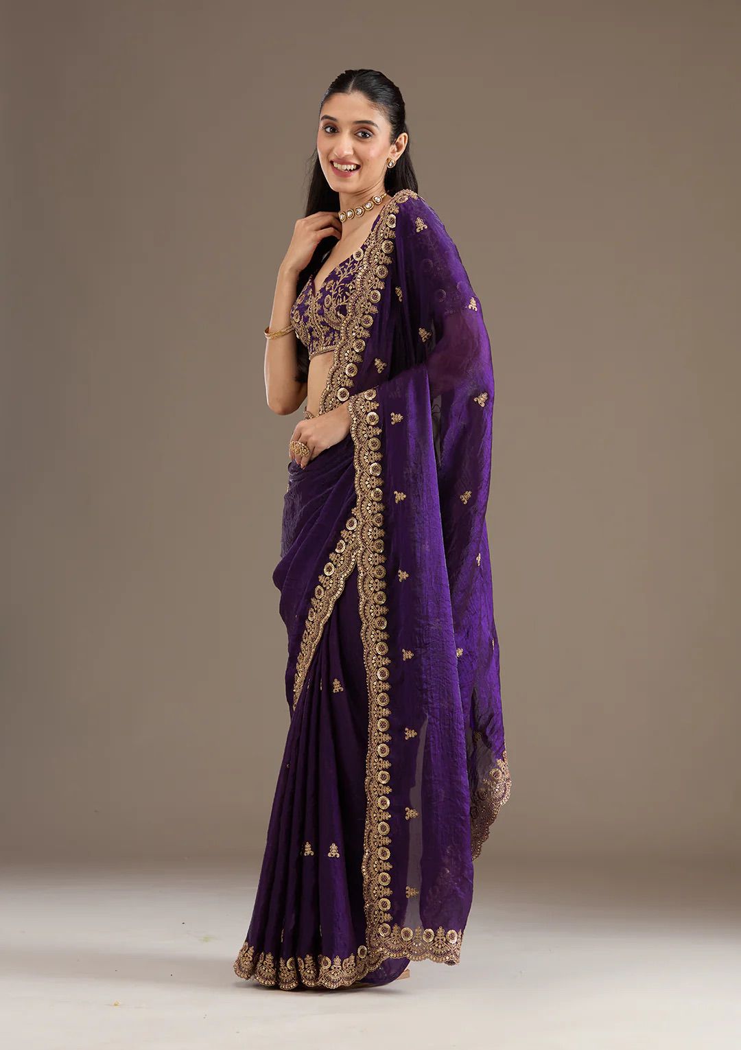 Evanik Purple Fendy Satin Silk With Sequence Work Saree With Unstitched Blouse | Grocsy