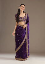 Evanik Purple Fendy Satin Silk With Sequence Work Saree With Unstitched Blouse | Grocsy