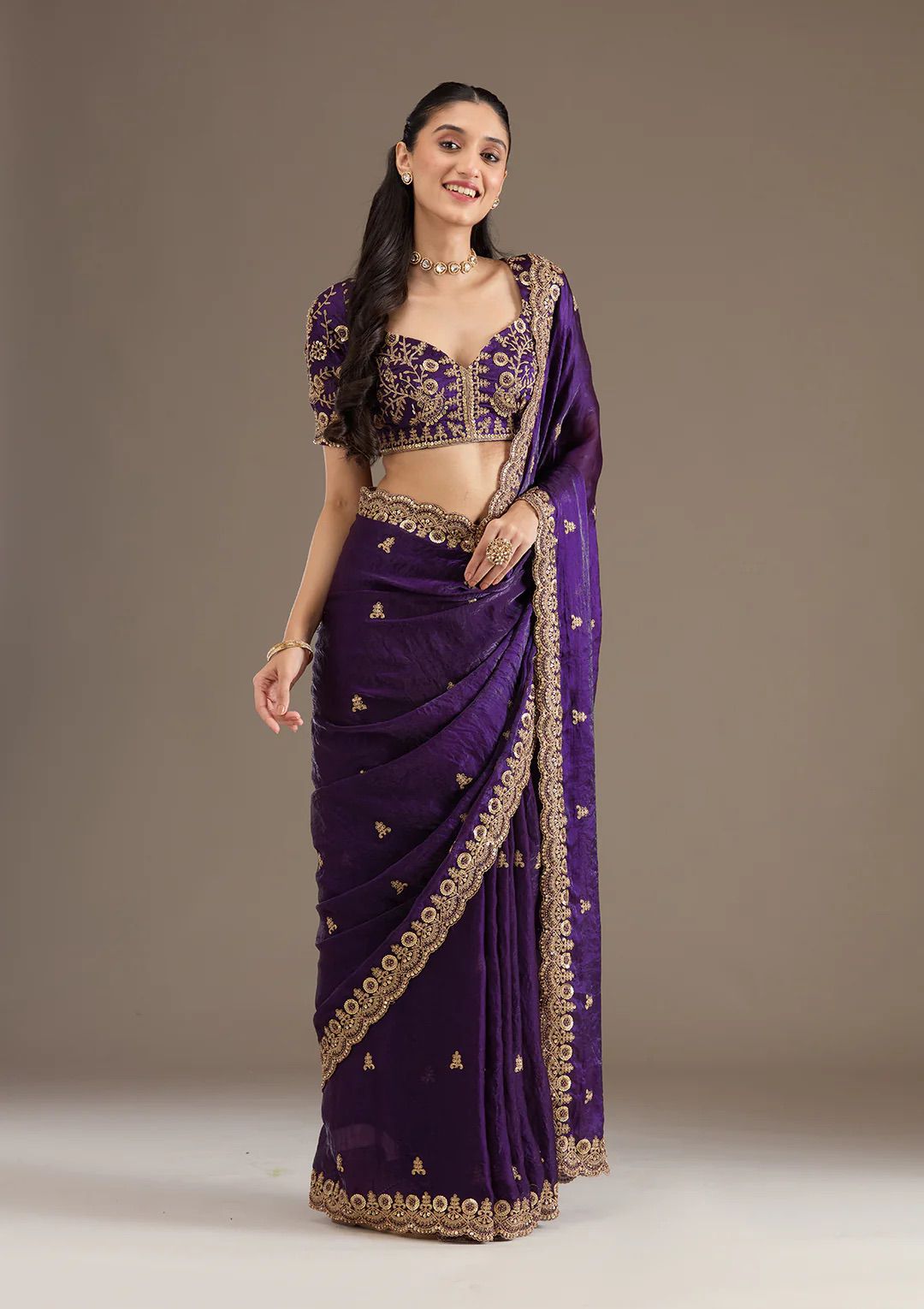Evanik Purple Fendy Satin Silk With Sequence Work Saree With Unstitched Blouse | Grocsy