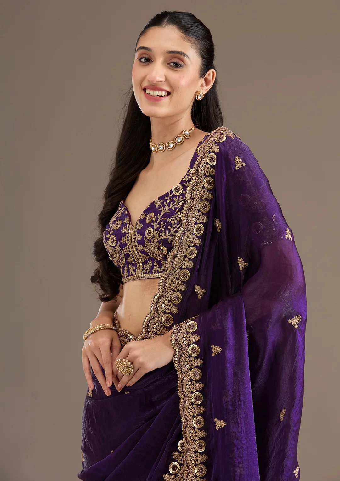 Evanik Purple Fendy Satin Silk With Sequence Work Saree With Unstitched Blouse | Grocsy