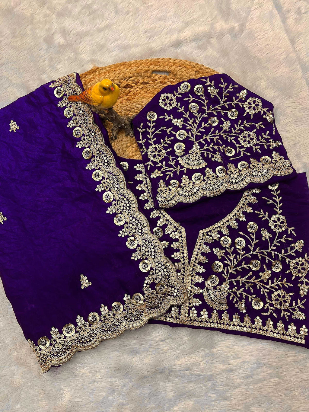 Evanik Purple Fendy Satin Silk With Sequence Work Saree With Unstitched Blouse | Grocsy
