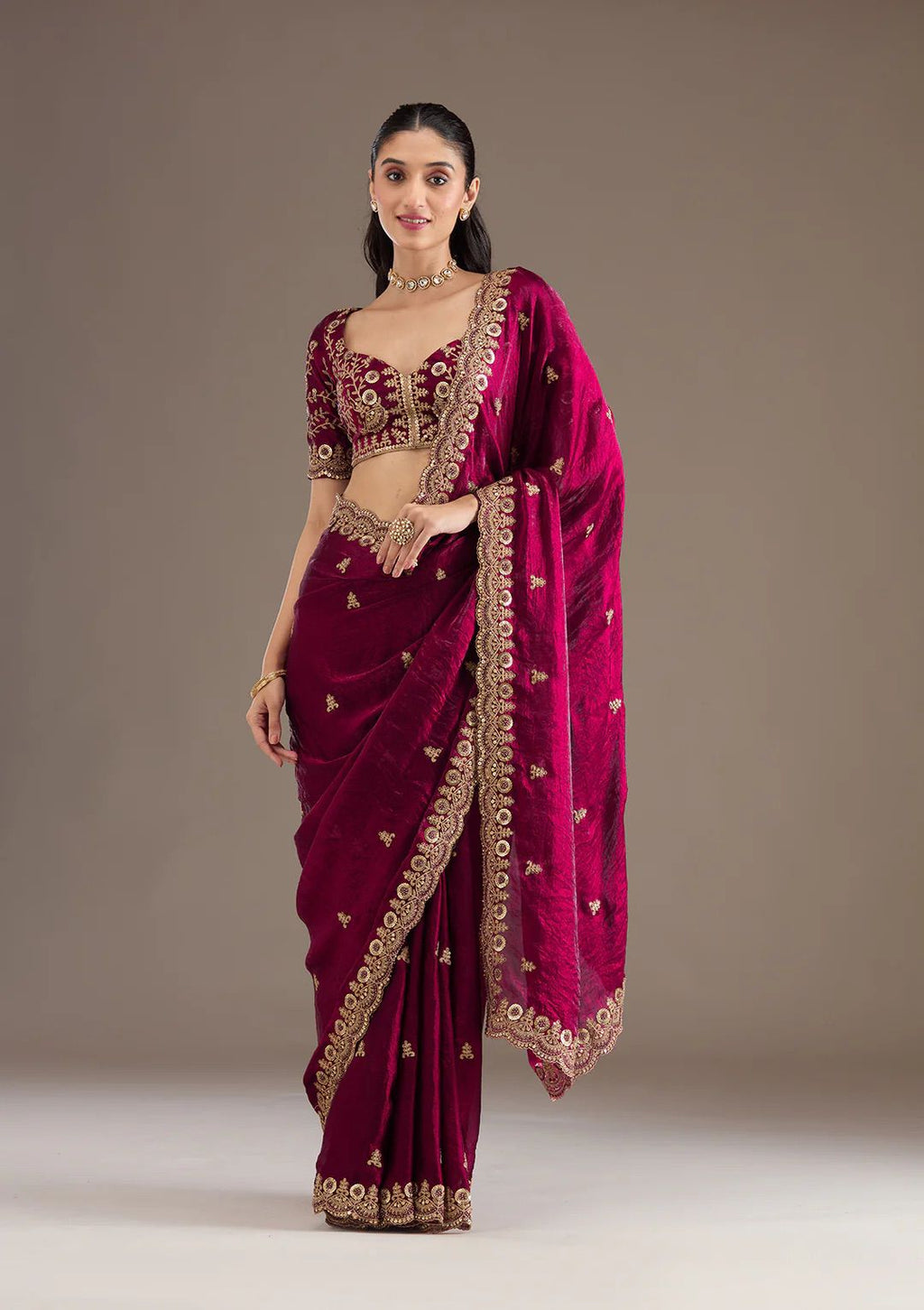 Evanik Ranipink Fendy Satin Silk With Sequence Work Saree With Unstitched Blouse | Grocsy