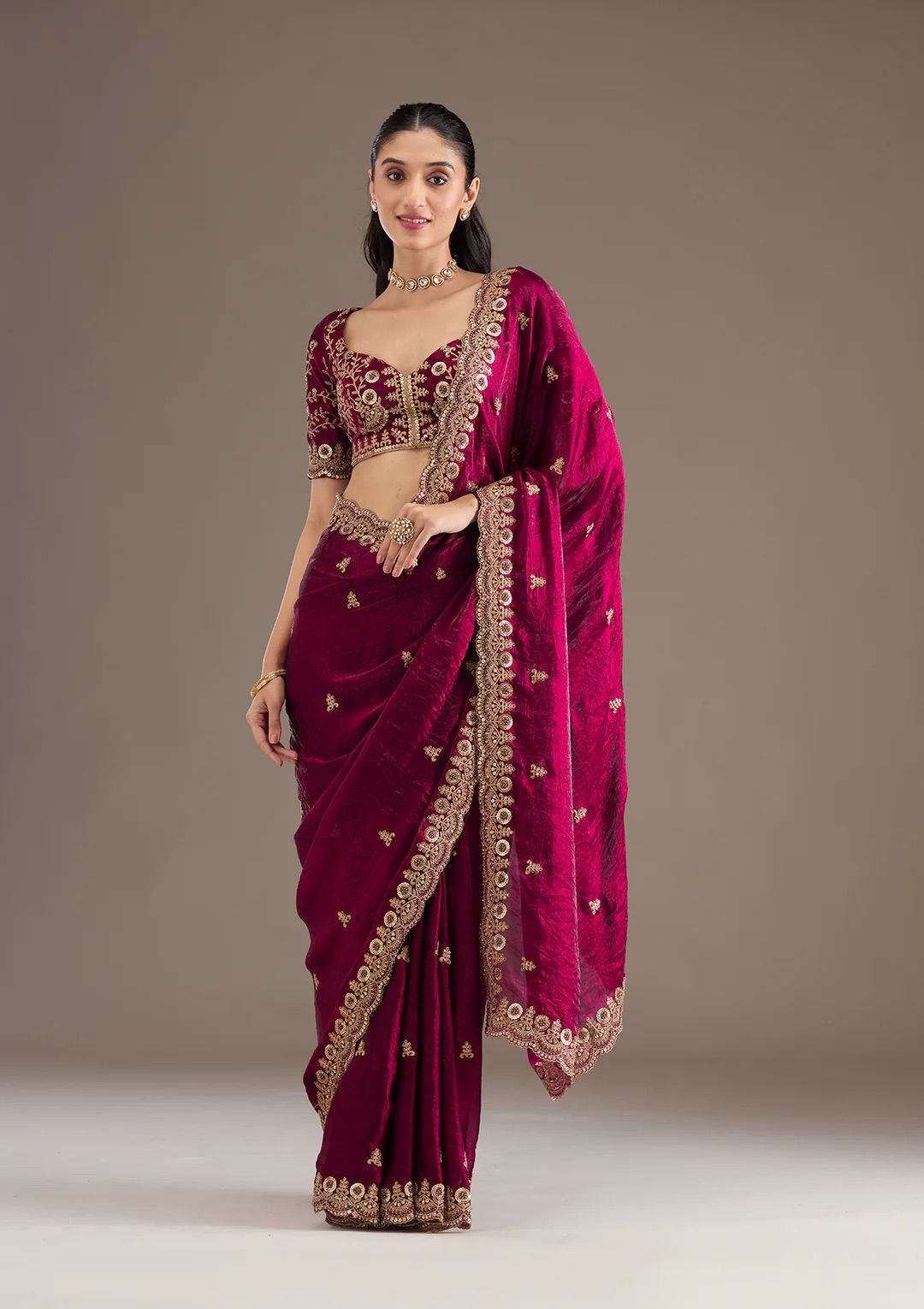 Evanik Ranipink Fendy Satin Silk With Sequence Work Saree With Unstitched Blouse | Grocsy
