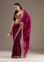 Evanik Ranipink Fendy Satin Silk With Sequence Work Saree With Unstitched Blouse | Grocsy
