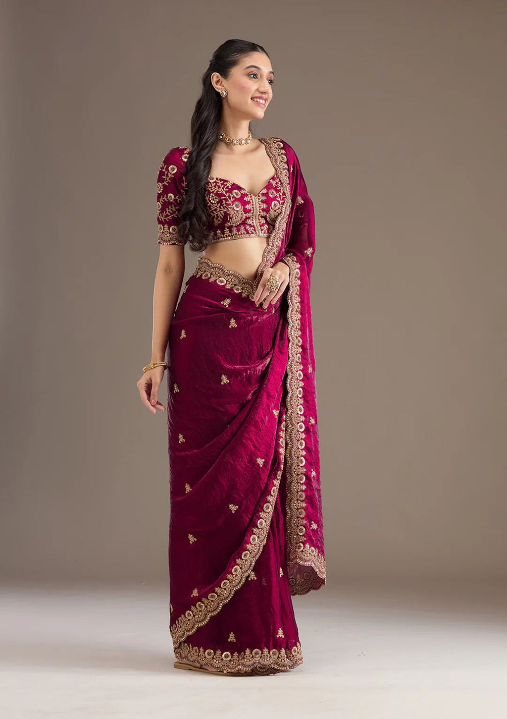 Evanik Ranipink Fendy Satin Silk With Sequence Work Saree With Unstitched Blouse | Grocsy