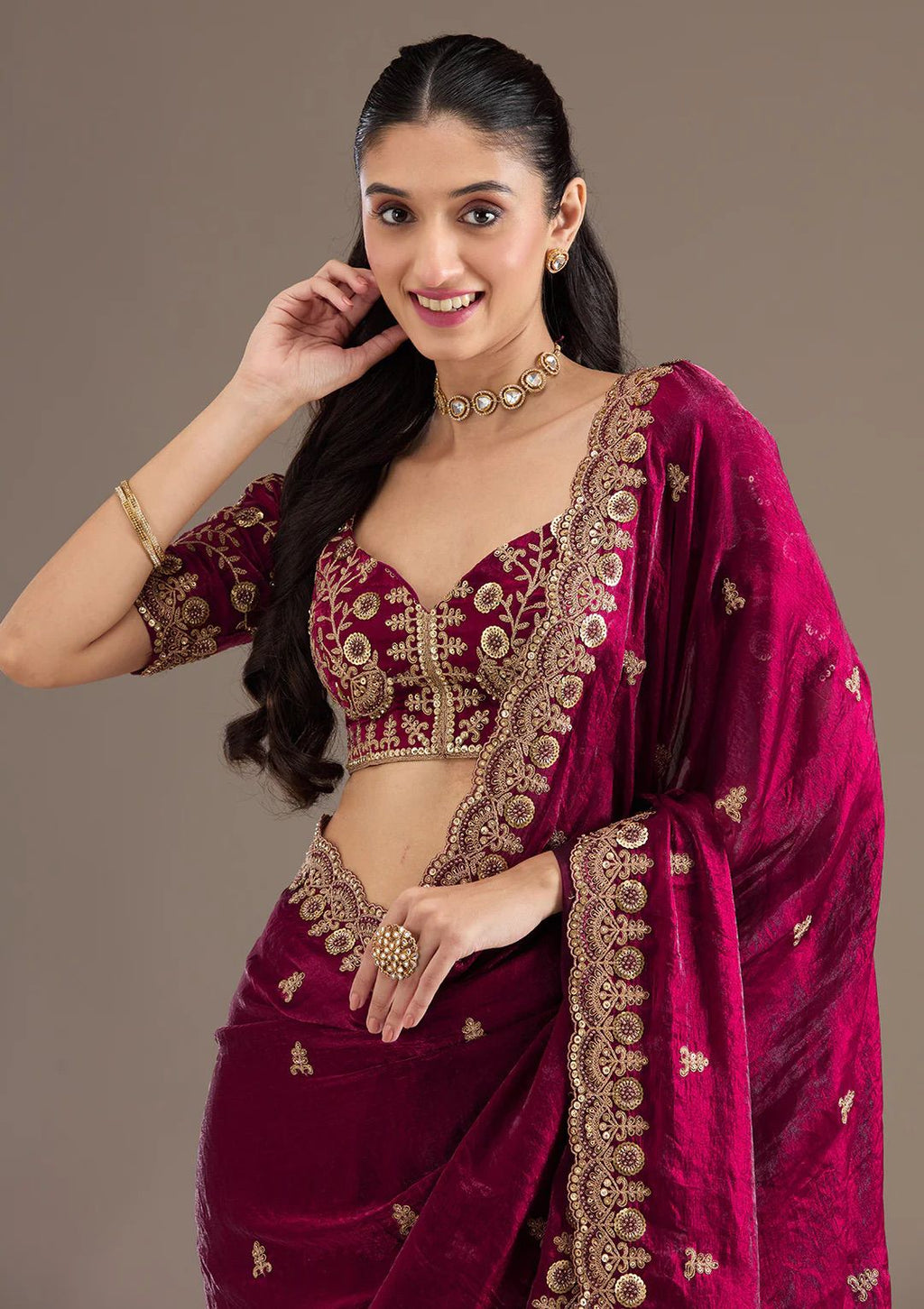 Evanik Ranipink Fendy Satin Silk With Sequence Work Saree With Unstitched Blouse | Grocsy