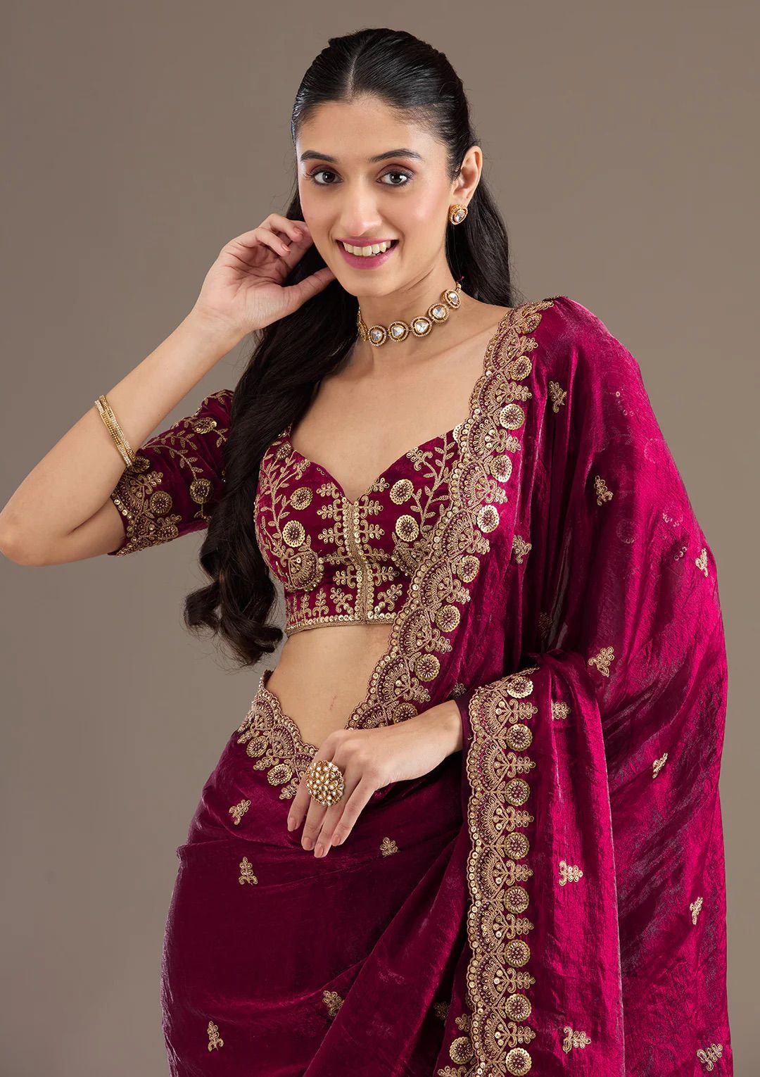 Evanik Ranipink Fendy Satin Silk With Sequence Work Saree With Unstitched Blouse | Grocsy