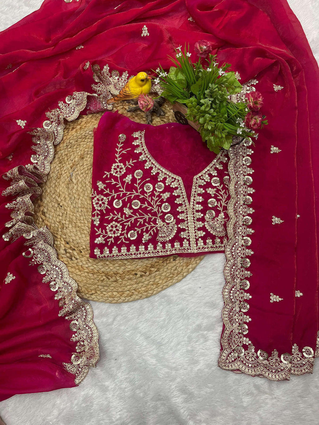 Evanik Ranipink Fendy Satin Silk With Sequence Work Saree With Unstitched Blouse | Grocsy