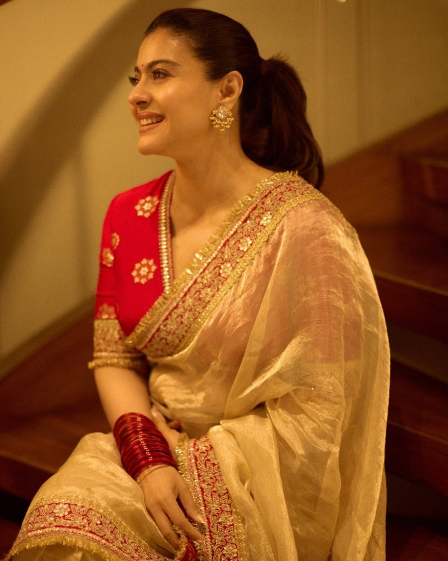 Evanik Cream Mocha Silk With Coding Sequence Lace Work Saree With Unstitched Blouse | Grocsy