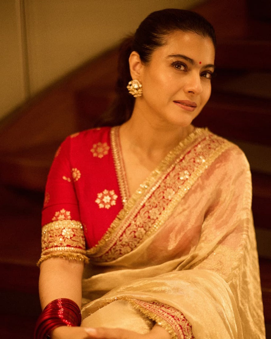 Evanik Cream Mocha Silk With Coding Sequence Lace Work Saree With Unstitched Blouse | Grocsy