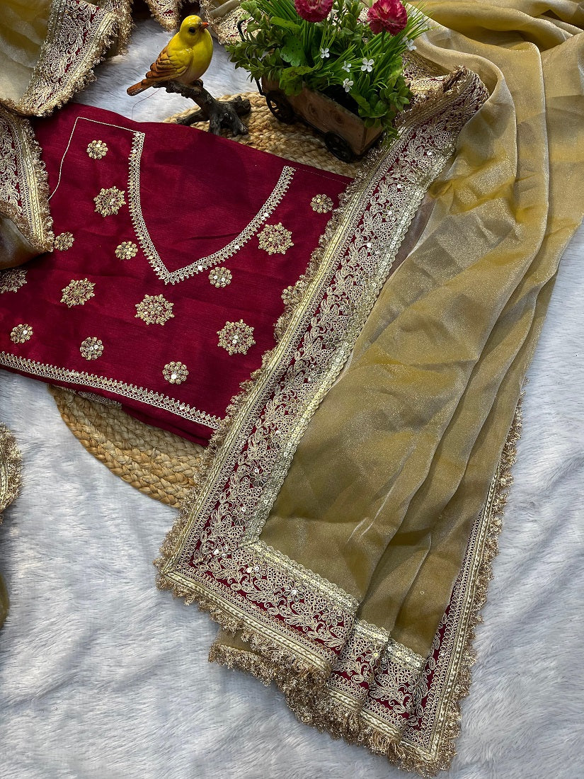 Evanik Cream Mocha Silk With Coding Sequence Lace Work Saree With Unstitched Blouse | Grocsy