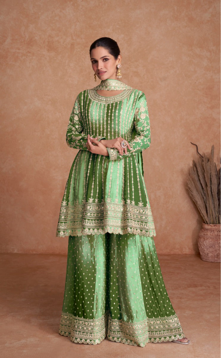 Lorenvalley Women Shaded Green Chinon Silk Fabric Embroidered Kurta Palazzo & With Dupatta | Grocsy