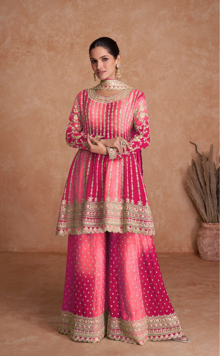 Lorenvalley Women Shaded Pink Chinon Silk Fabric Embroidered Kurta Palazzo & With Dupatta | Grocsy