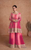 Lorenvalley Women Shaded Pink Chinon Silk Fabric Embroidered Kurta Palazzo & With Dupatta | Grocsy