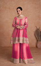 Lorenvalley Women Shaded Pink Chinon Silk Fabric Embroidered Kurta Palazzo & With Dupatta | Grocsy
