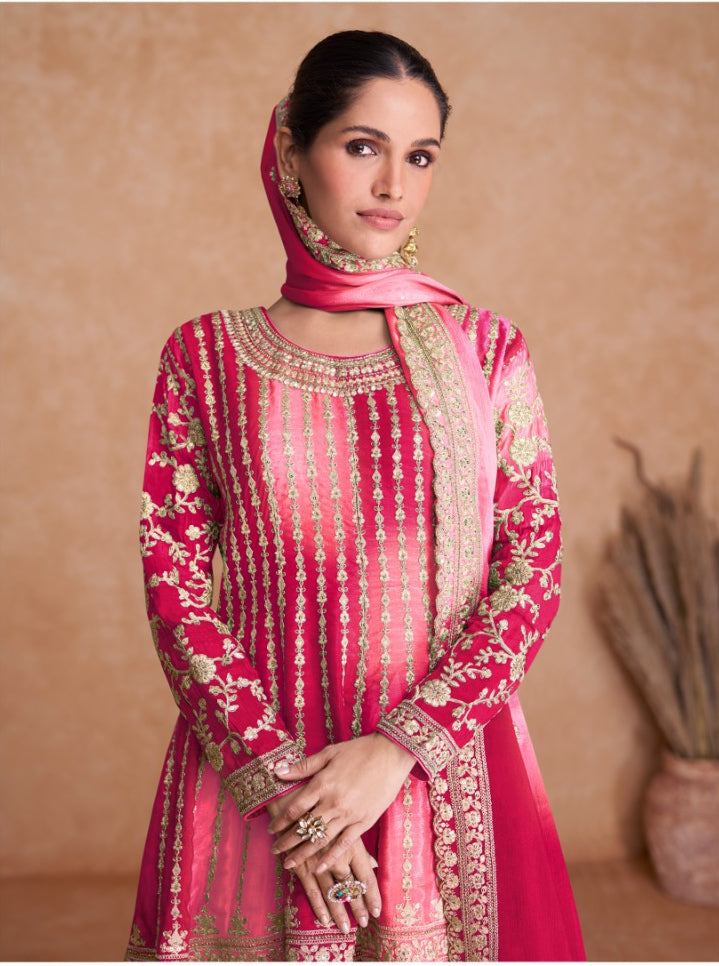 Lorenvalley Women Shaded Pink Chinon Silk Fabric Embroidered Kurta Palazzo & With Dupatta | Grocsy