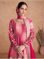 Lorenvalley Women Shaded Pink Chinon Silk Fabric Embroidered Kurta Palazzo & With Dupatta | Grocsy