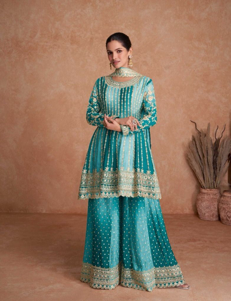 Lorenvalley Women Shaded Skyblue Chinon Silk Fabric Embroidered Kurta Palazzo & With Dupatta | Grocsy