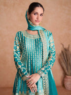 Lorenvalley Women Shaded Skyblue Chinon Silk Fabric Embroidered Kurta Palazzo & With Dupatta | Grocsy
