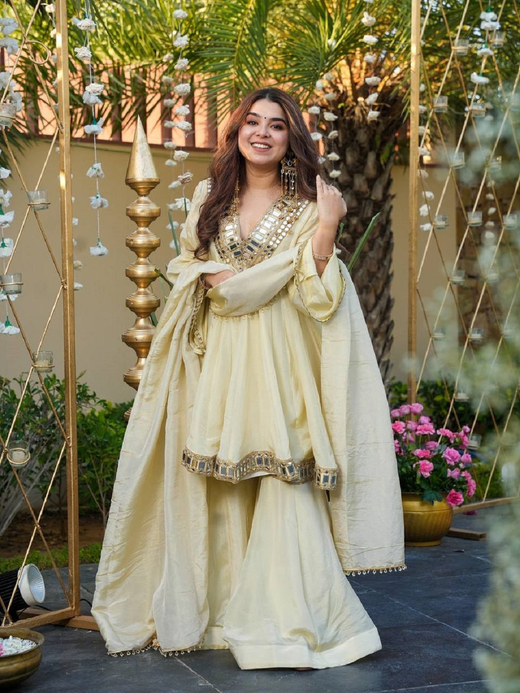 Evanik Women Off White Kedia Style Real Mirror Work Wedding Sharara Suit | Grocsy