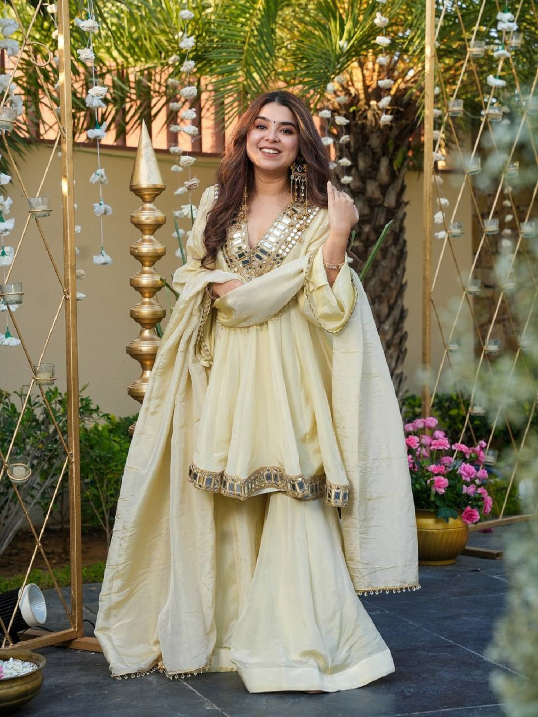 Evanik Women Off White Kedia Style Real Mirror Work Wedding Sharara Suit | Grocsy