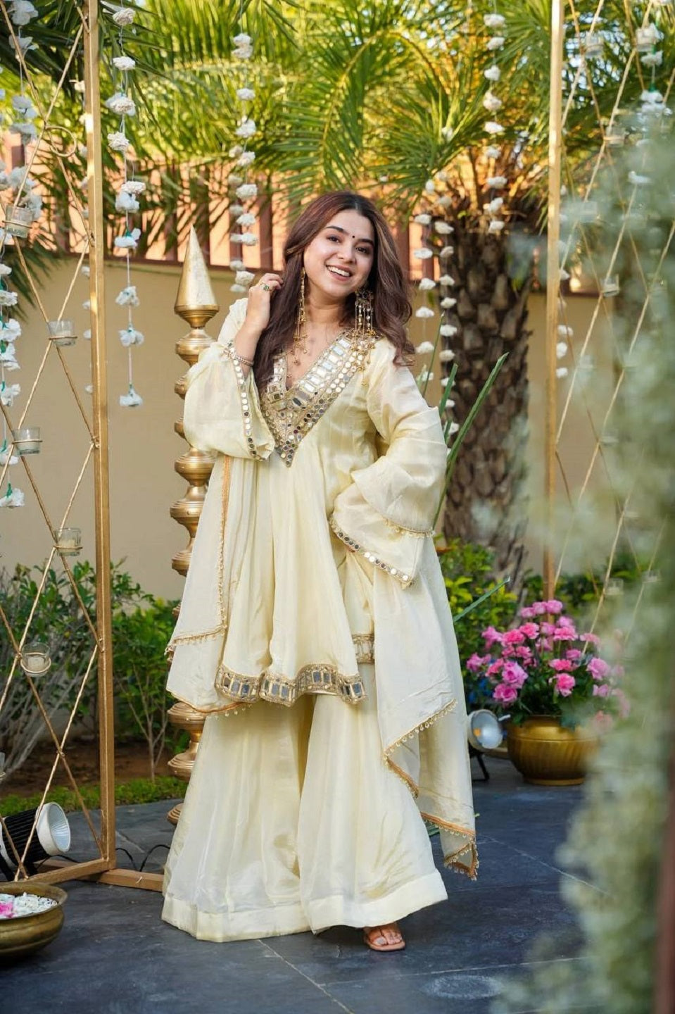 Evanik Women Off White Kedia Style Real Mirror Work Wedding Sharara Suit | Grocsy