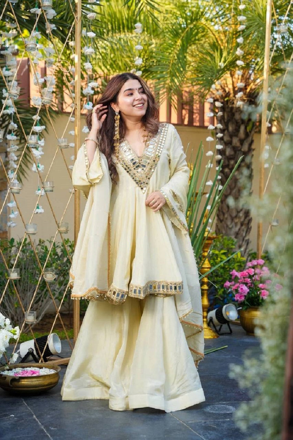 Evanik Women Off White Kedia Style Real Mirror Work Wedding Sharara Suit | Grocsy