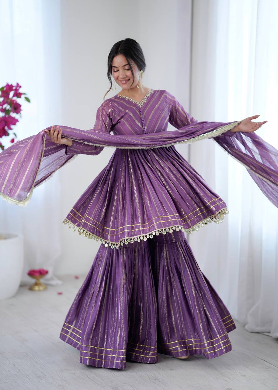 Evanik Lavender Mal Chanderi With Mirror & hand work Sharara Suit | Grocsy