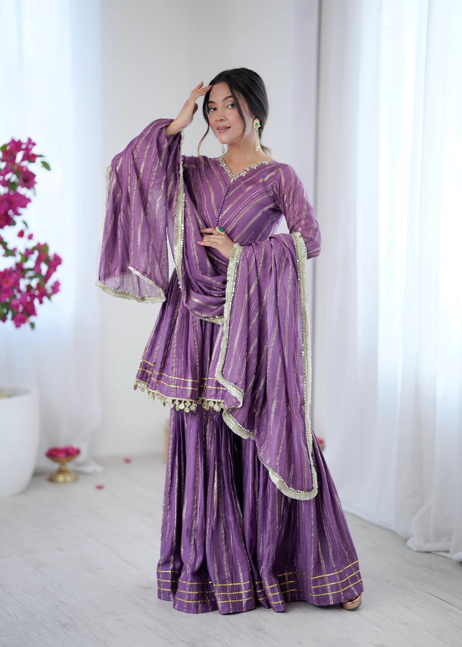 Evanik Lavender Mal Chanderi With Mirror & hand work Sharara Suit | Grocsy