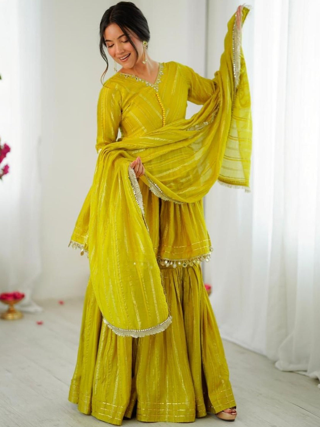Evanik Yellow Mal Chanderi With Mirror & hand work Sharara Suit | Grocsy