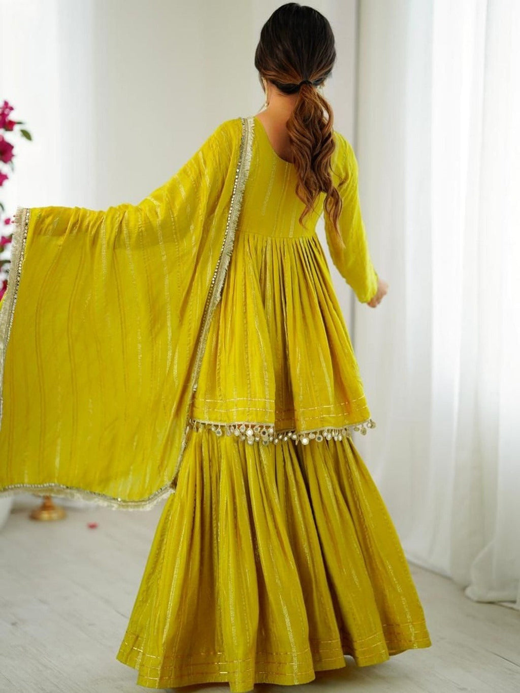 Evanik Yellow Mal Chanderi With Mirror & hand work Sharara Suit | Grocsy