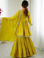 Evanik Yellow Mal Chanderi With Mirror & hand work Sharara Suit | Grocsy