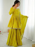 Evanik Yellow Mal Chanderi With Mirror & hand work Sharara Suit | Grocsy