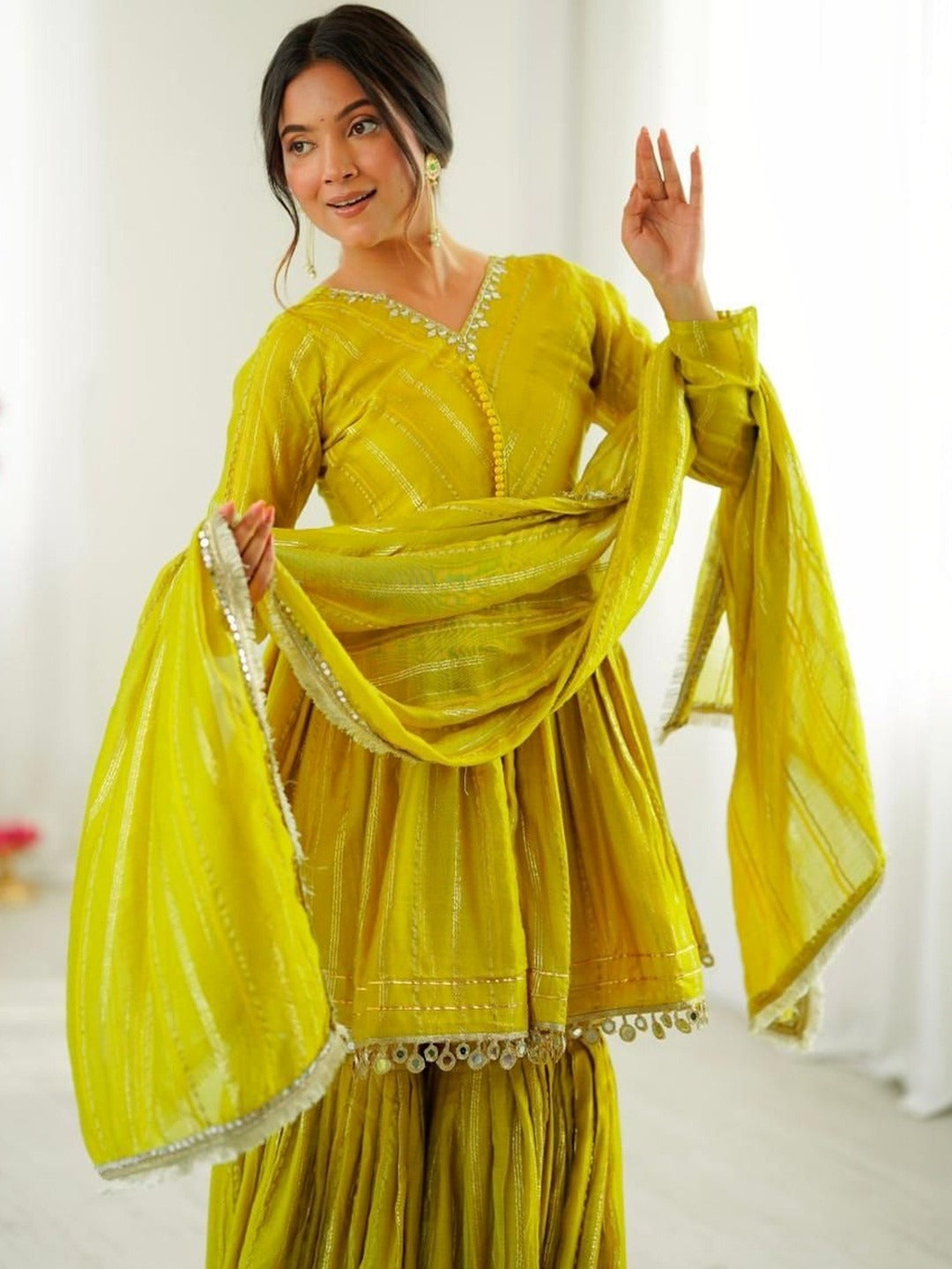 Evanik Yellow Mal Chanderi With Mirror & hand work Sharara Suit | Grocsy