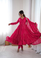 Evanik Ranipink Mal Chanderi Real Mirror With Handwork Wedding Anarkali Suit | Grocsy