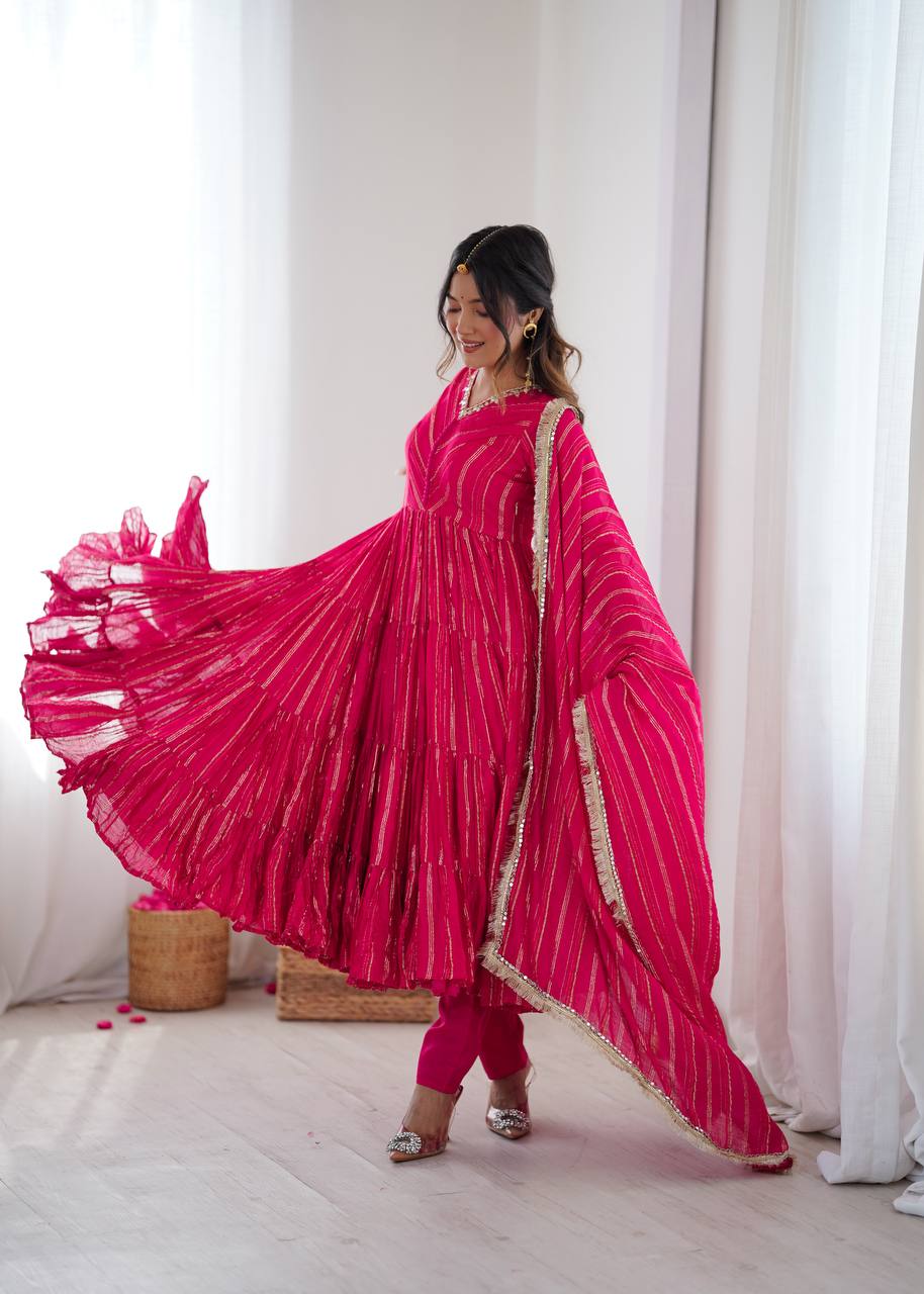 Evanik Ranipink Mal Chanderi Real Mirror With Handwork Wedding Anarkali Suit | Grocsy