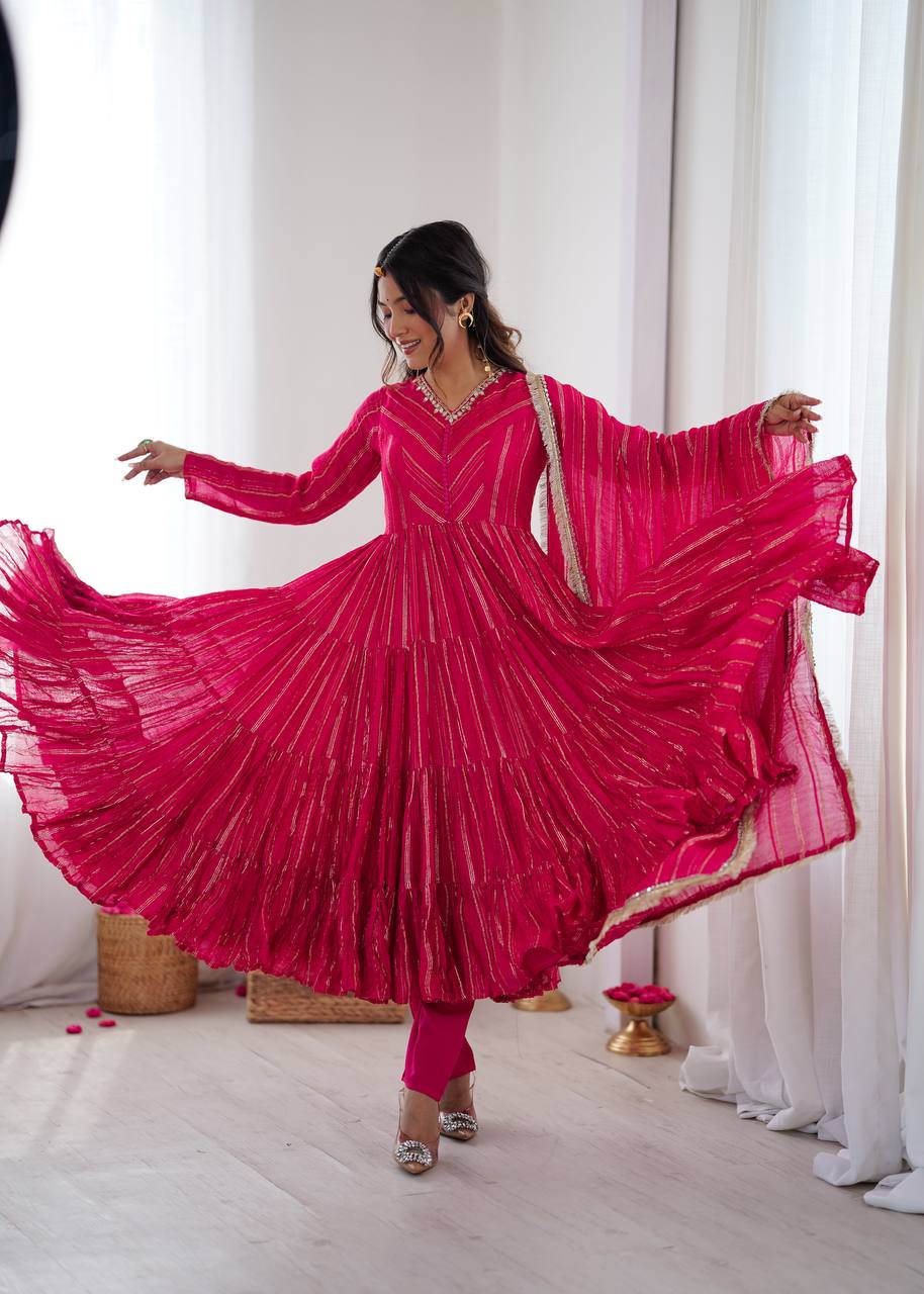 Evanik Ranipink Mal Chanderi Real Mirror With Handwork Wedding Anarkali Suit | Grocsy