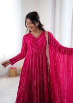 Evanik Ranipink Mal Chanderi Real Mirror With Handwork Wedding Anarkali Suit | Grocsy