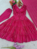 Evanik Ranipink Mal Chanderi Real Mirror With Handwork Wedding Anarkali Suit | Grocsy