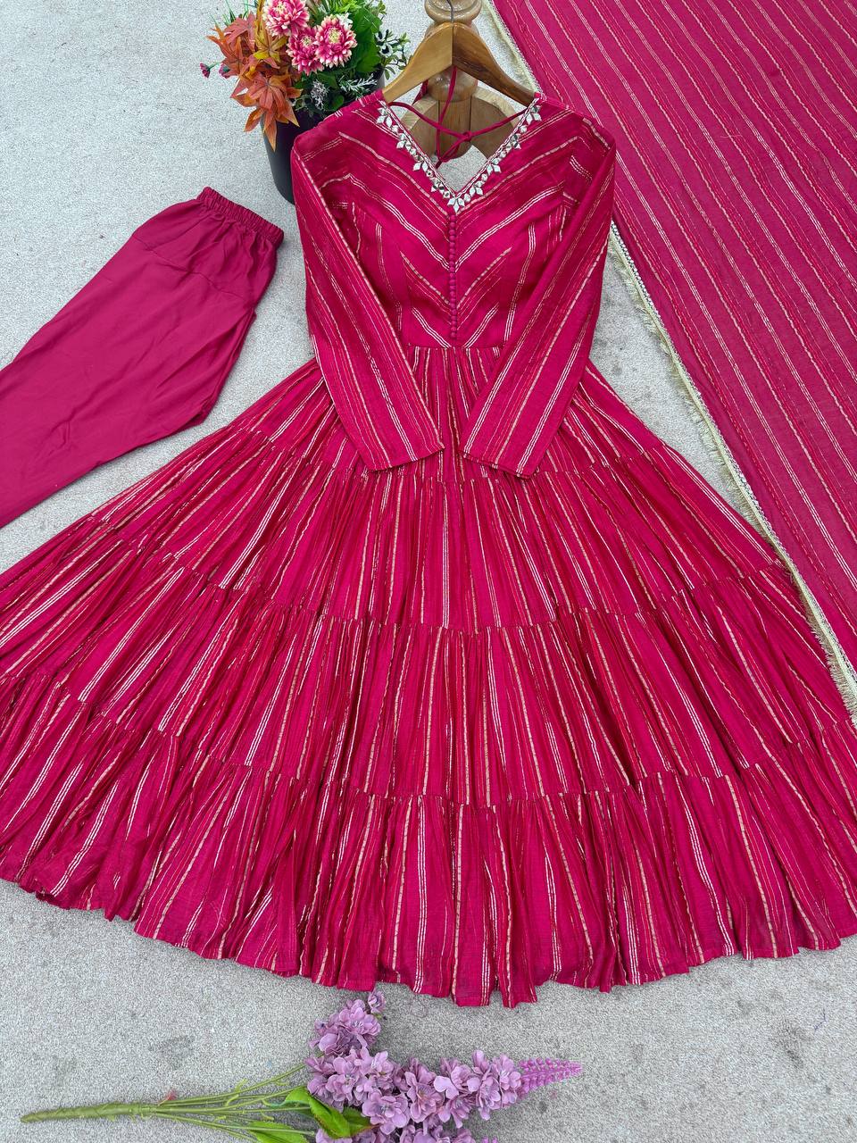 Evanik Ranipink Mal Chanderi Real Mirror With Handwork Wedding Anarkali Suit | Grocsy